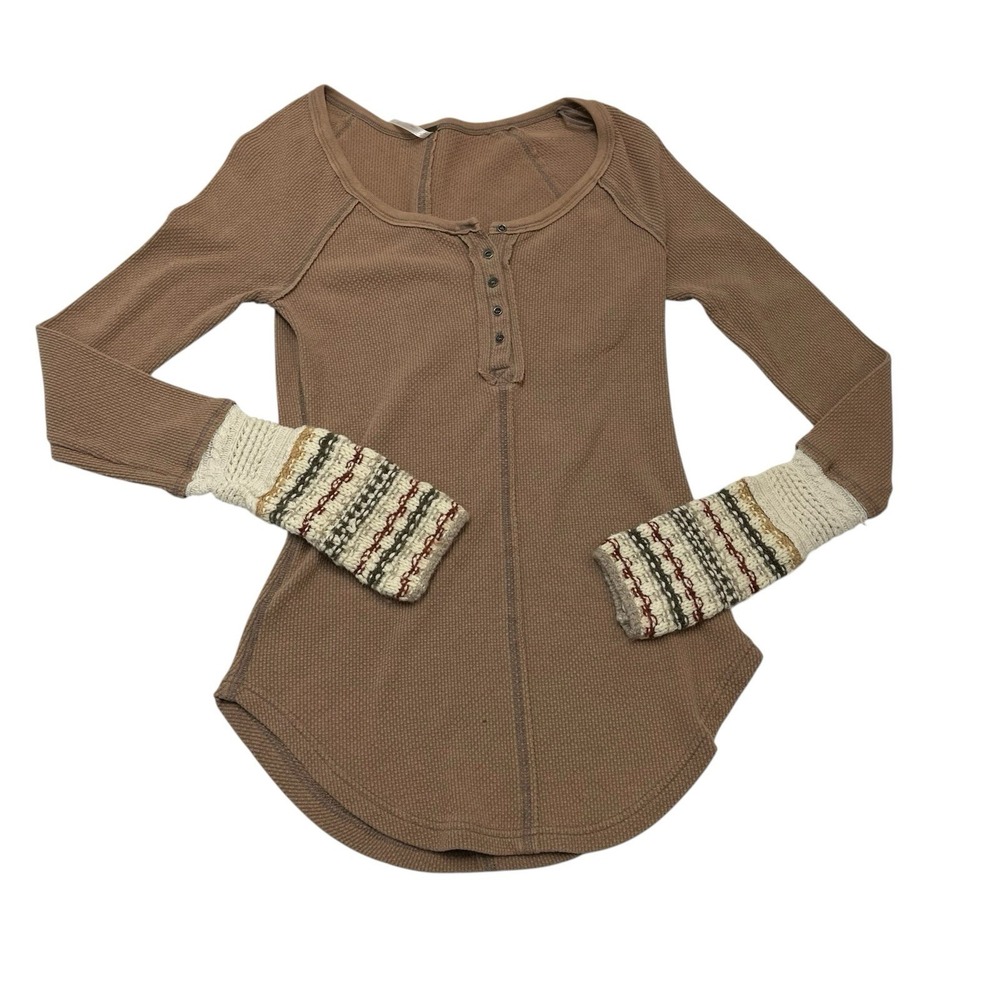 Free People Thermal Alpine Ski Lodge Henley Waffle Knit S Long Sleeve Mushroom